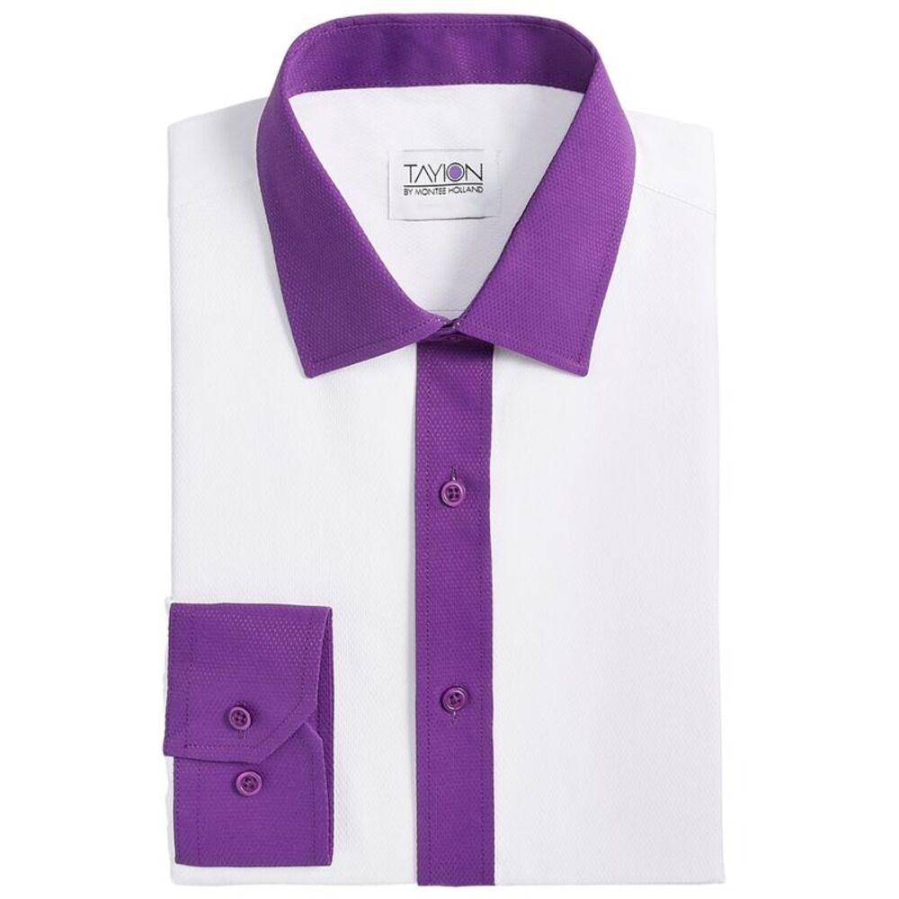 Tayion Collection Mens Purple Trim Solid Button Down Dress Shirt, White, 18-1...